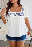 Plus Square Neck Floral Patterned Pleated Puff Top