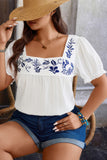 Plus Square Neck Floral Patterned Pleated Puff Top