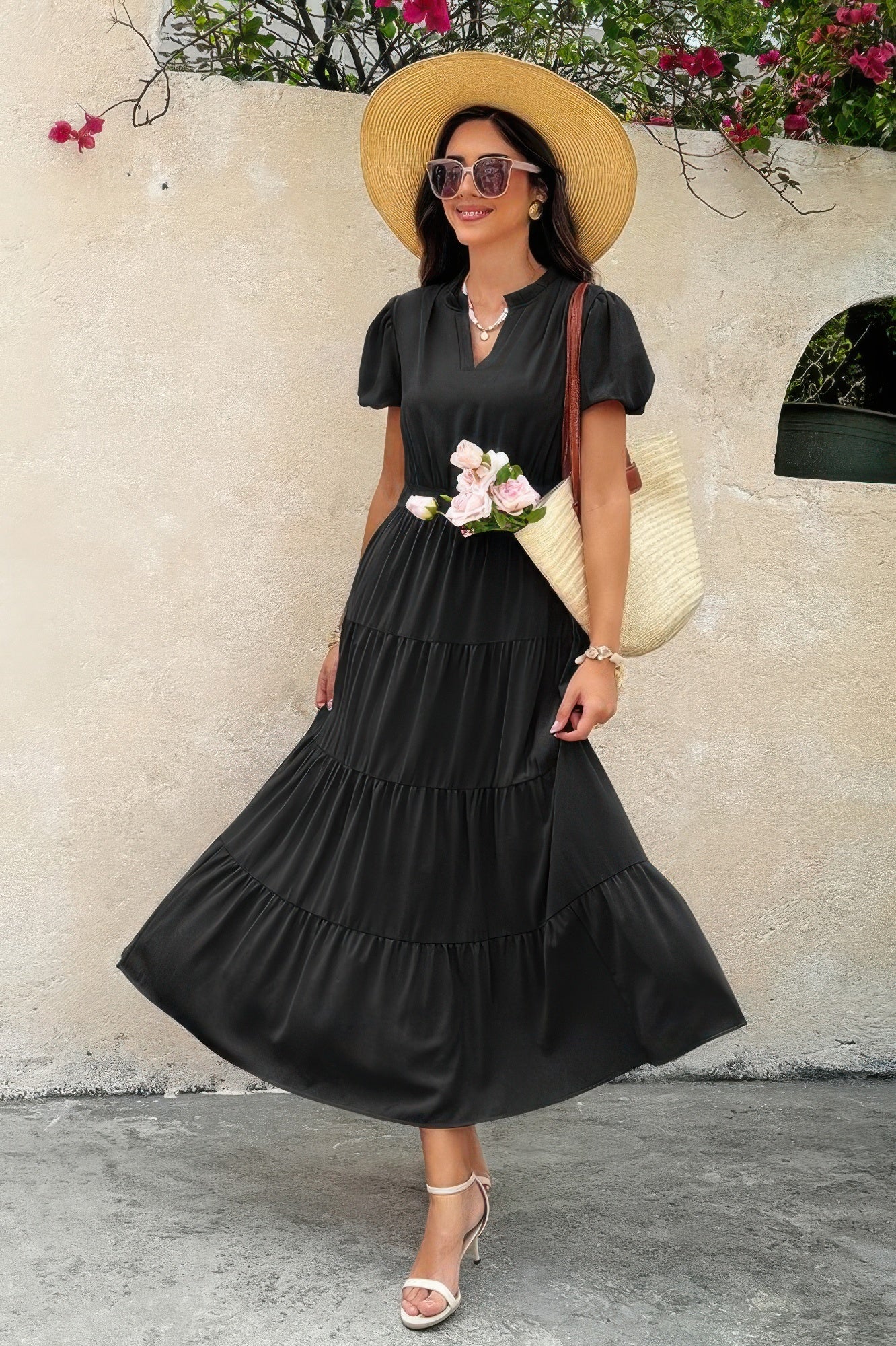 Chic V-Neck Color Block Stretch Waist Dress