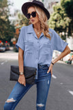 V Neck Button Down Roll Up Sleeve Loose Pocket Blouse