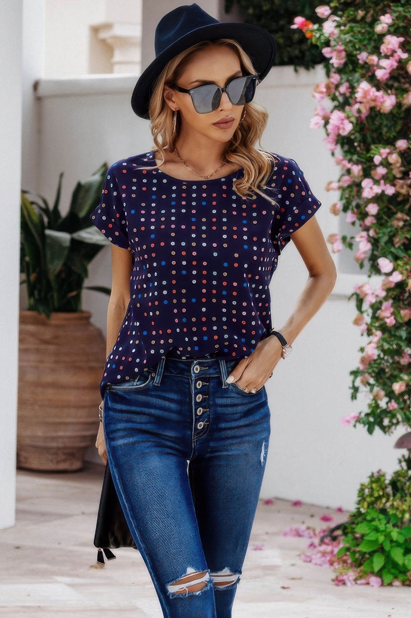 Scoop Neck Polka Dot Batwing Sleeve Blouse