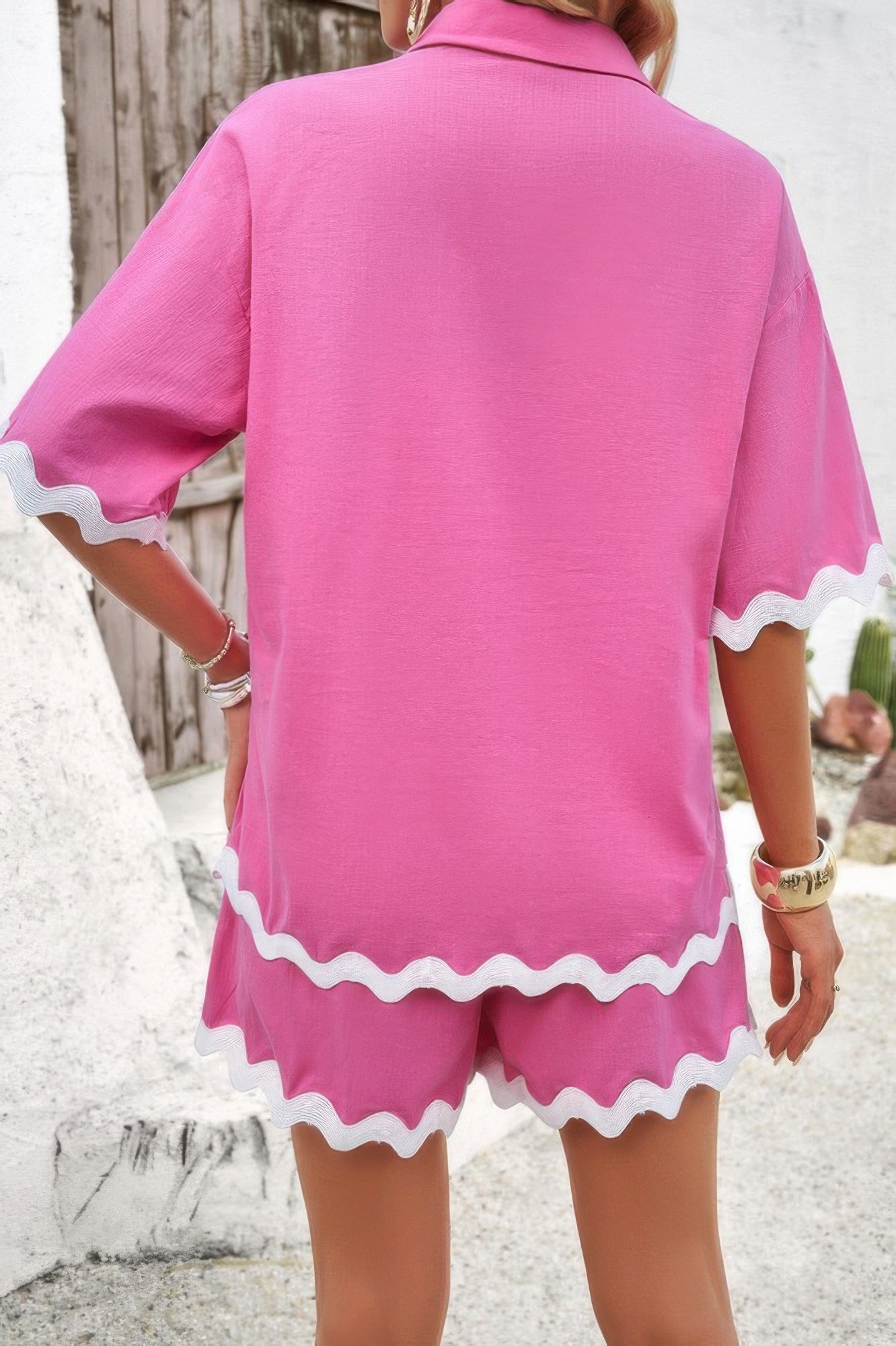 Wave Patterned Linen Relaxed Fit Shorts Ensemble