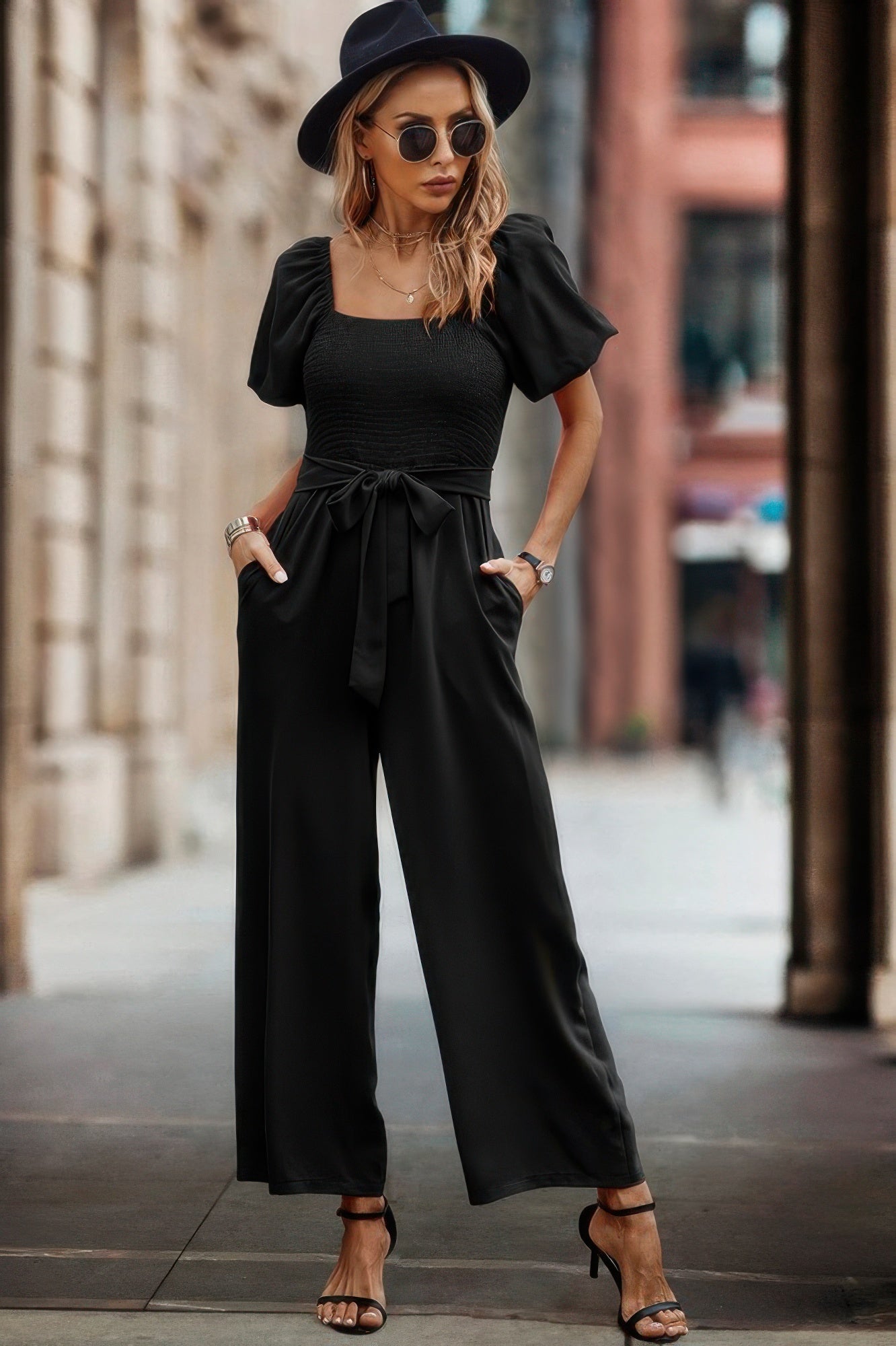 Chic Square Neck Puff Sleeve Belted Jumpsuit