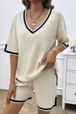 Viscose Relaxed Deep V-Neck Knit Drawstring Ensemble