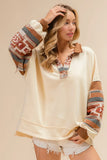 French Terry Knit and Aztec Print Mixed Top