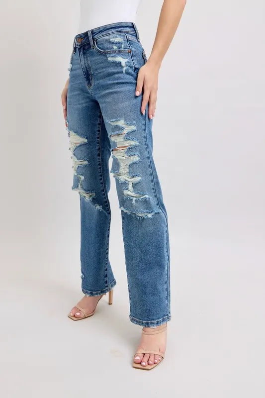 High-Rise Distressed Straight-Leg Denim Pants