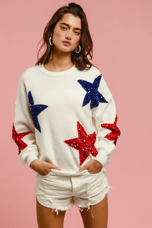 Patriotic Star Embellished Knit Pullover