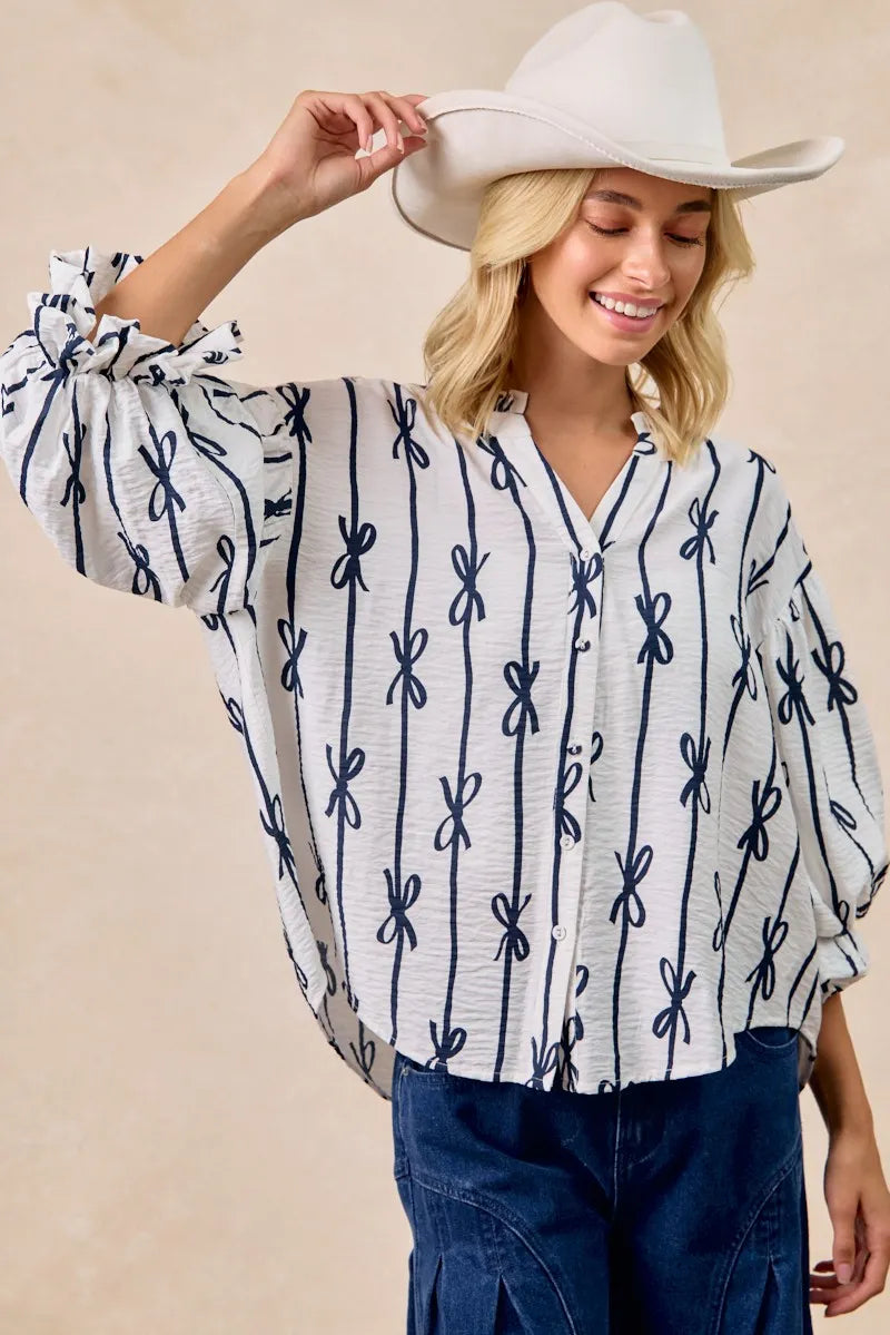 Charming Bow Print Striped Balloon Sleeve Blouse