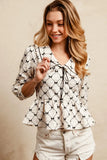 Geometric Print Peplum Blouse with Tie-Front V-Neck Collar