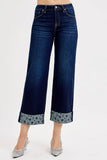 Full Length Crop Fit Wide Leg Jeans with Patterned Cuff