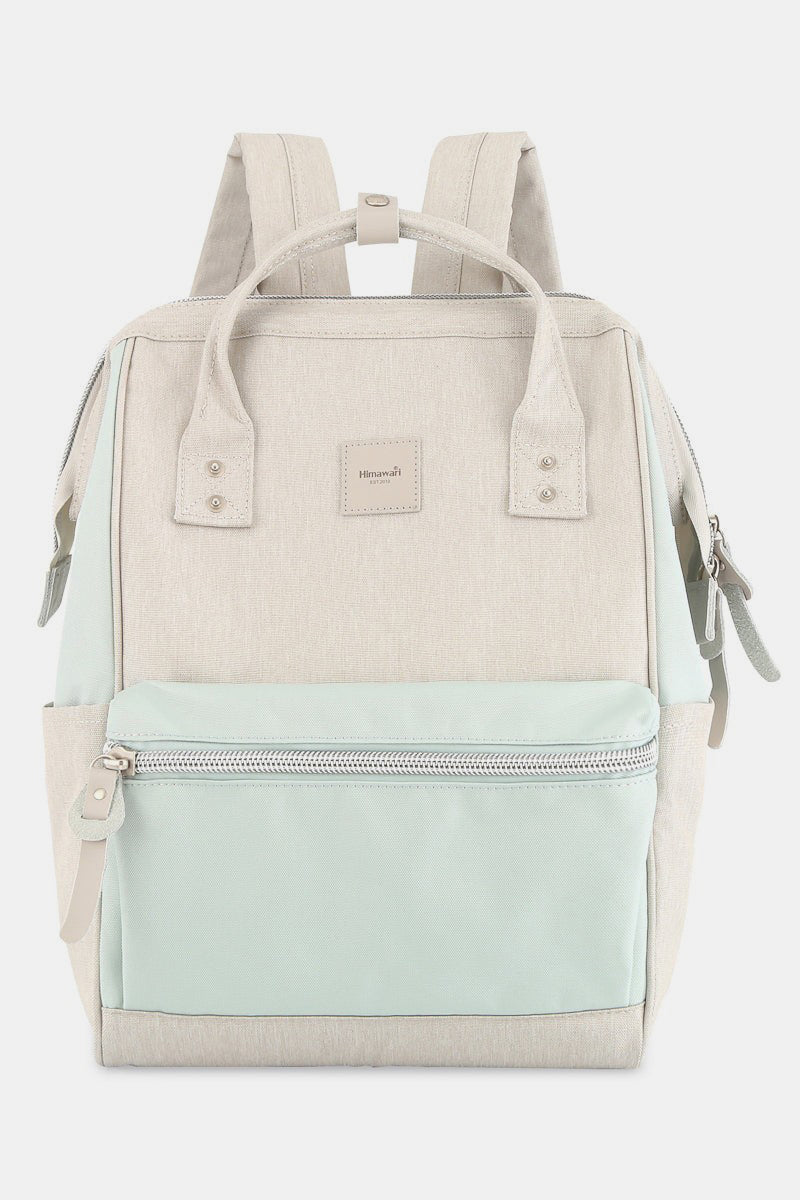 Water Resistant Canvas Backpack Bag with Side Pockets - Cream/L.Blue