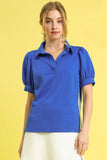 Striped Puff Sleeve Polo with Side Zipper