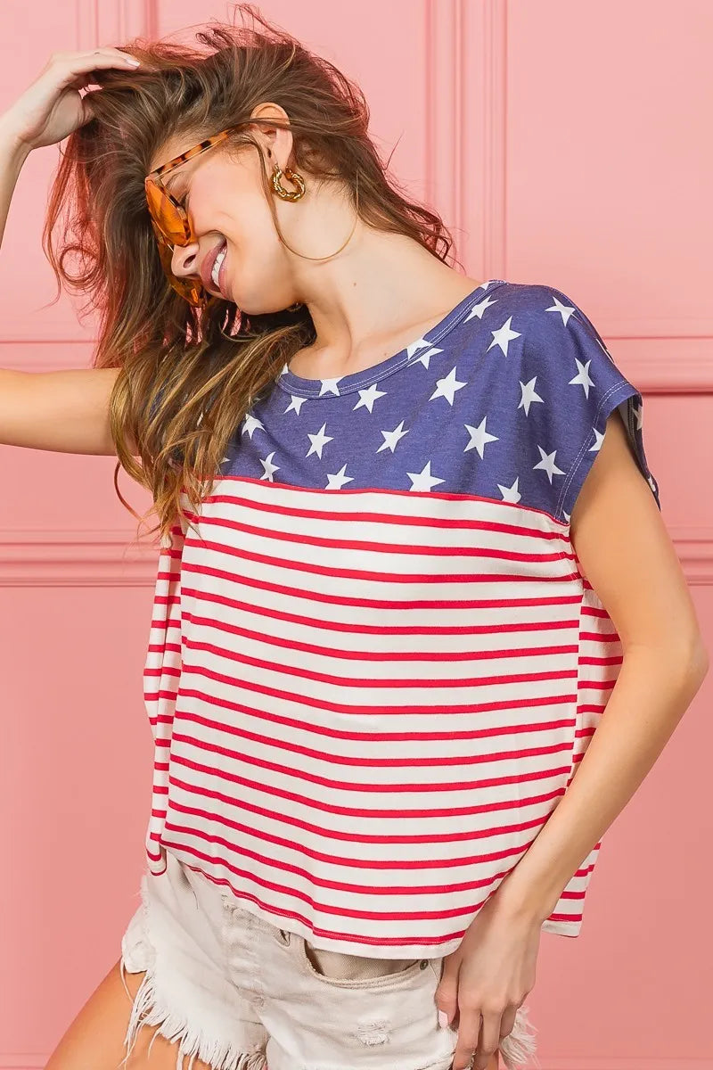 Star Rpinted with Stripe Combo Top