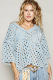 Distressed Denim V-Neck with Perforated Design