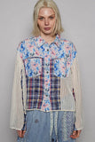 Patchwork Floral Button-Up Blouse with Knit Overlay