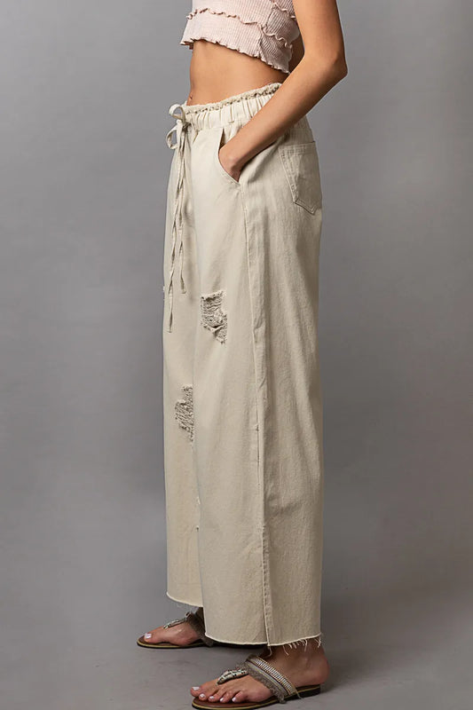 Bohemian Drawstring Distressed Wide-Leg Pants