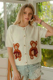 Bear Embroidered Knit Cardigan with Buttons