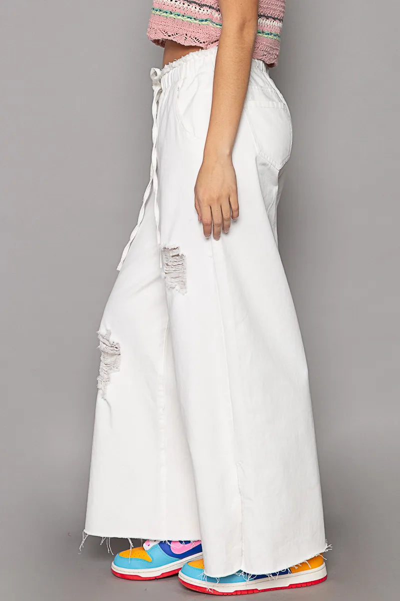 Ripped Drawstring Split Wide Leg Bottoms