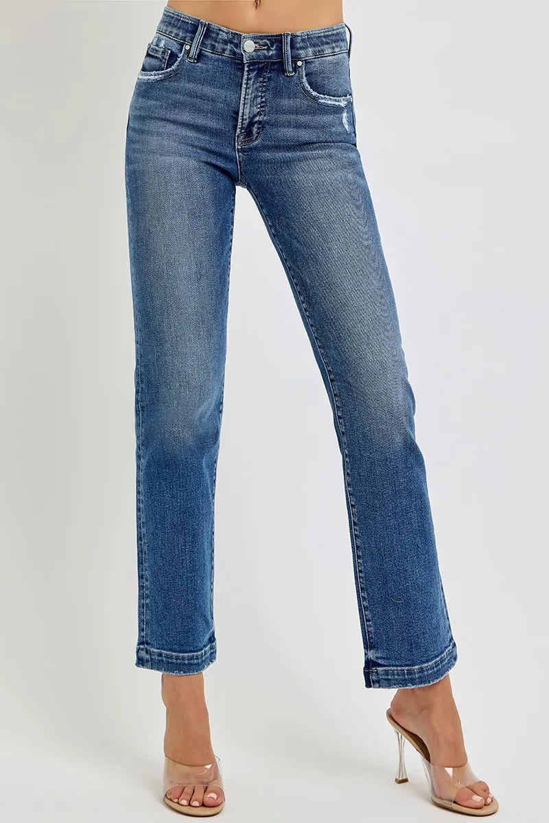 Full Size Mid Rise Elastic Waist Vintage-Inspired Straight Jeans