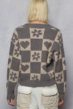 V-Neck Heart Paw Print Checkerboard Sweater