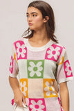Floral Block Pattern Lightweight Knit Pullover