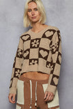 Checkered Heart Motif V-Neck Cropped Sweater