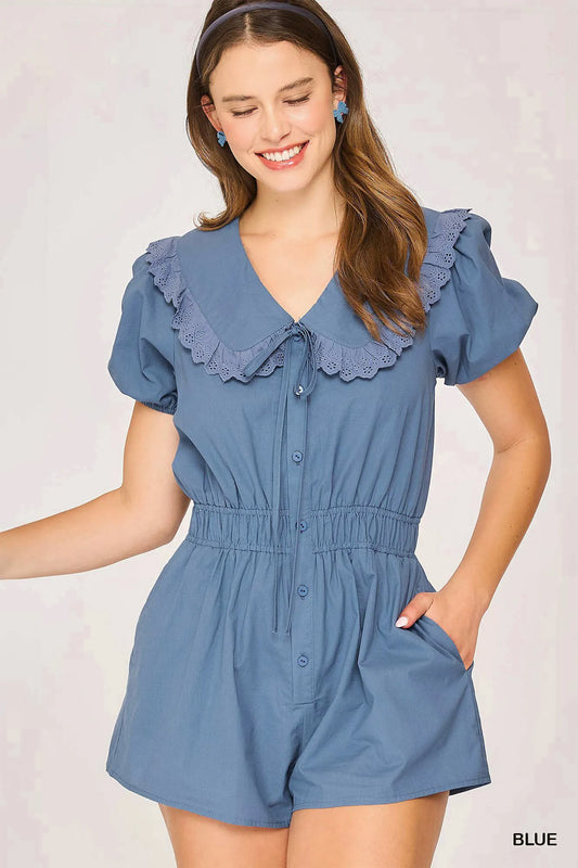 Collared Button-Front Short Sleeve Romper