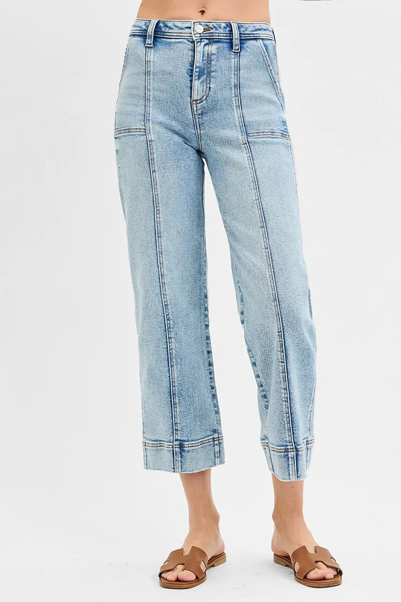Full Size High-Rise Cropped Seam Stitch Wide-Leg Jeans