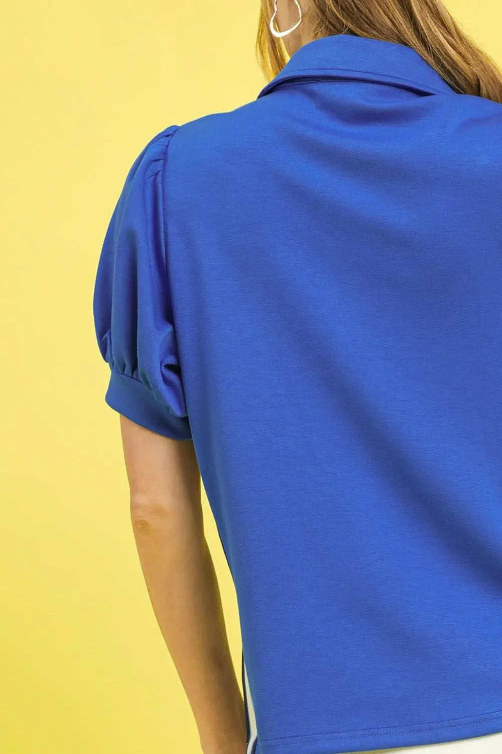 Striped Puff Sleeve Polo with Side Zipper