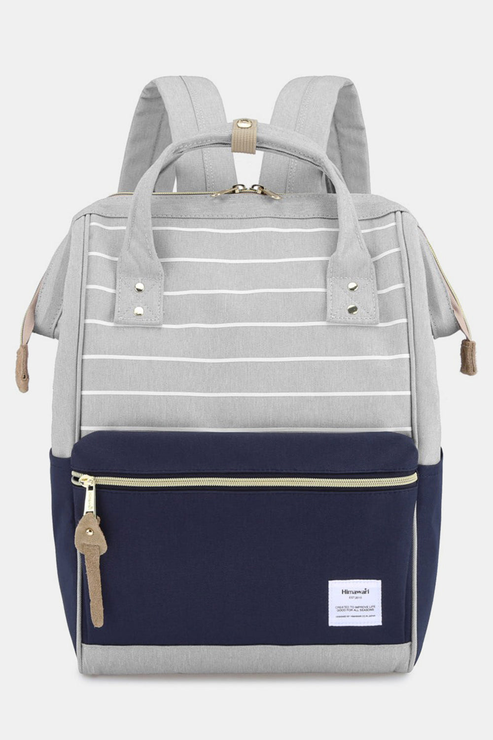 Waterproof Canvas Backpack Bag with Side Pockets - Grey/Pink/Stripe