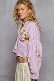 Edgy Floral Pattern Cropped Hooded Jacket