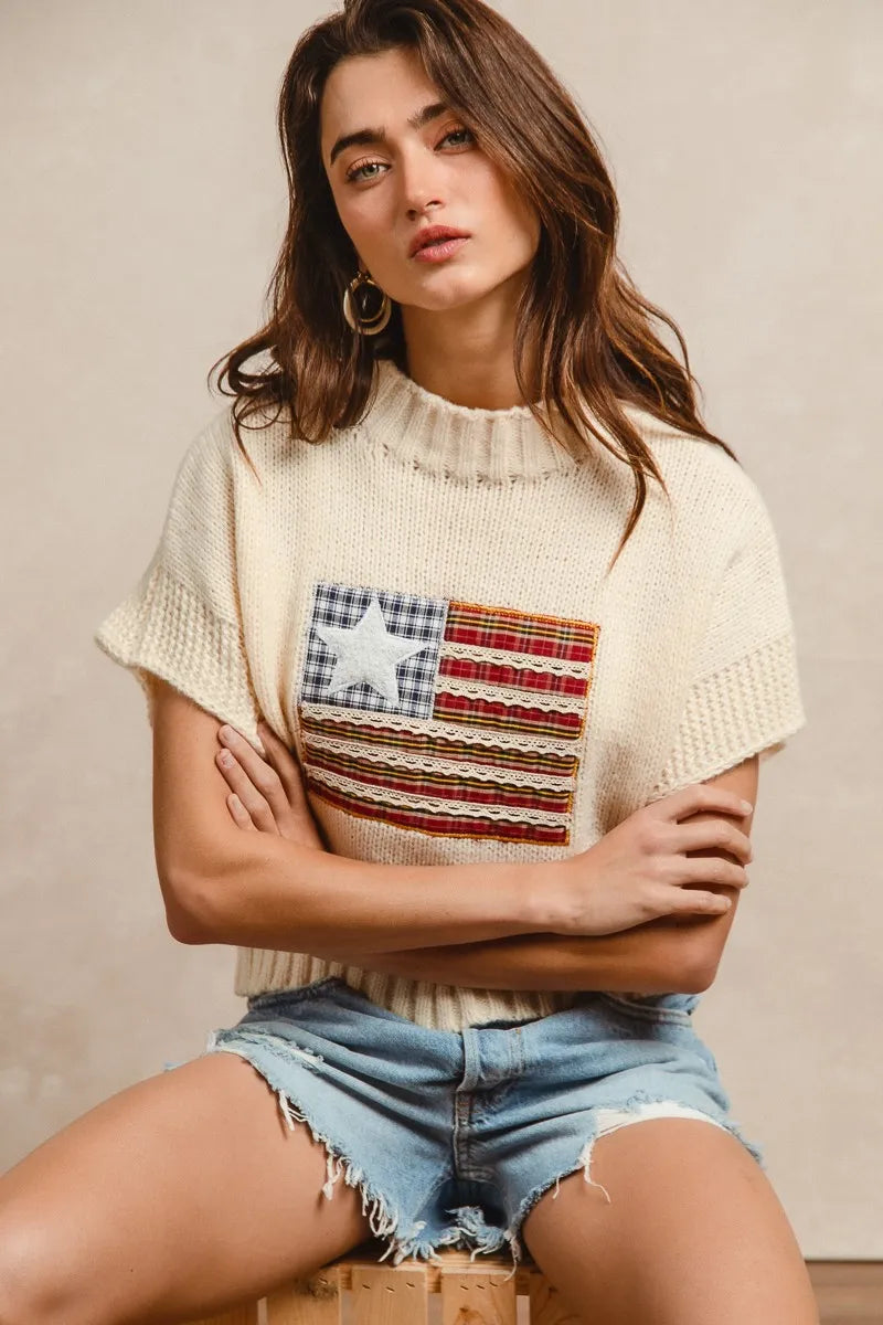 Patchwork Flag Knit Short-Sleeve Pullover