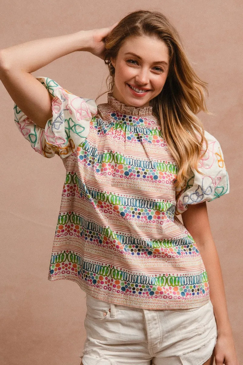 Ruffle Neckline Blouse With Embroidery Bubble Sleeve
