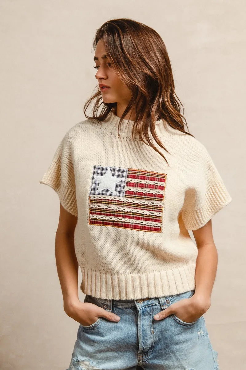 Patchwork Flag Knit Short-Sleeve Pullover