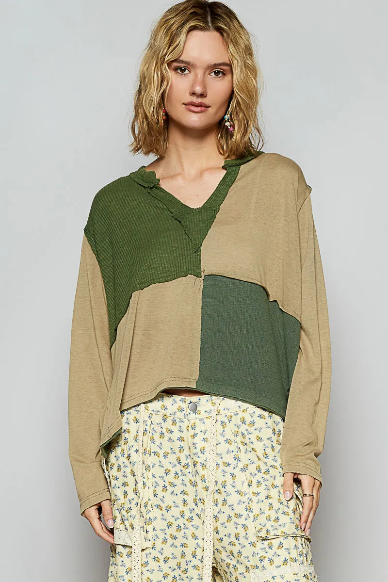 Geometric Patchwork V-Neck Long Sleeve Top