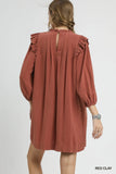 Ruffle-Shoulder Linen Pleated Babydoll Dress