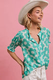 Polka Dot Button-Up Top with Elastic Cuffs