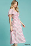 Striped Smocked Midi Dress with Short Sleeves