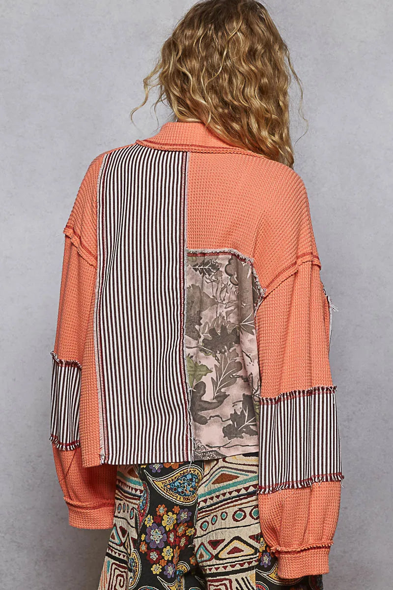 Snap-Button Oversized Patchwork Graphic Jacket