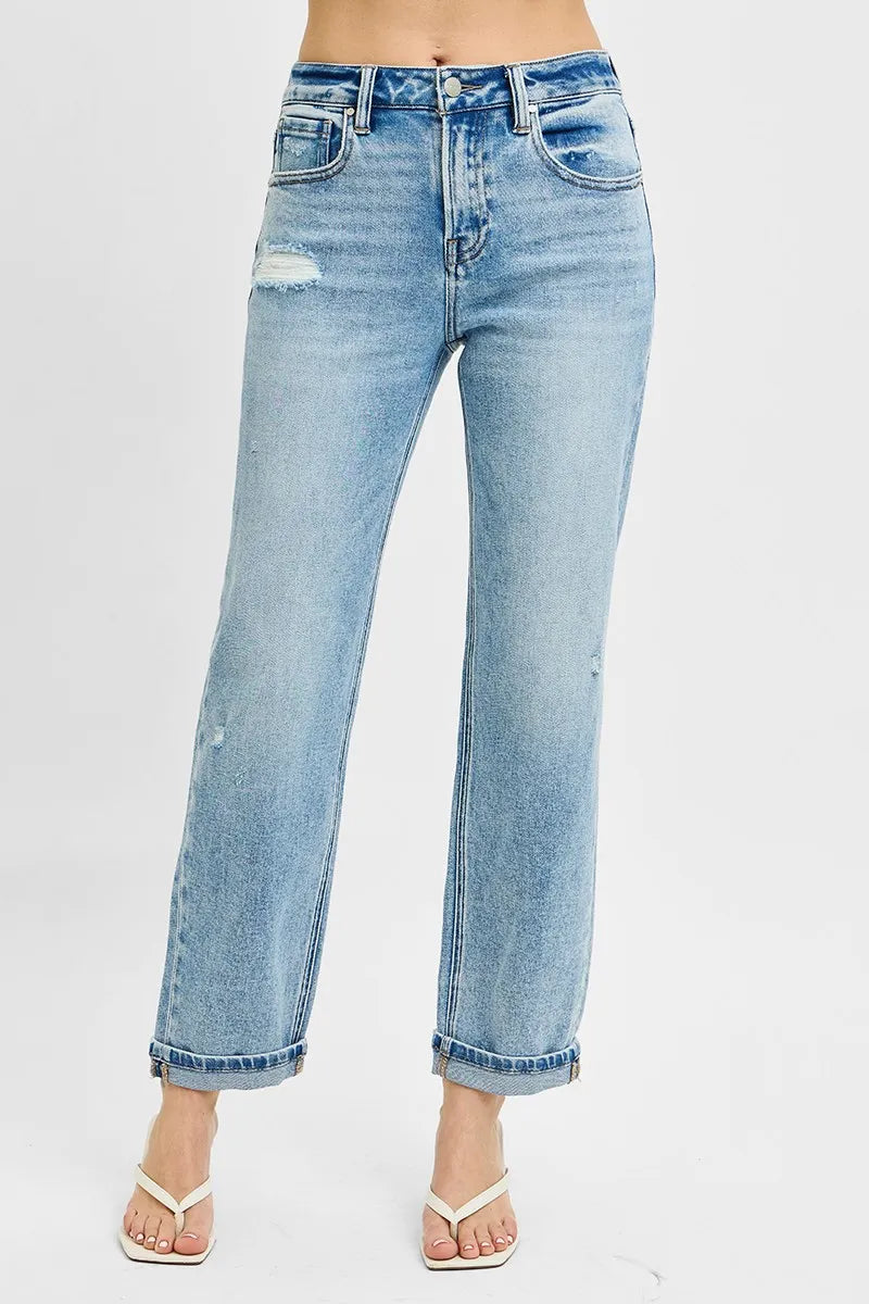 High Waist Ankle-Cut Relaxed Distressed Jeans