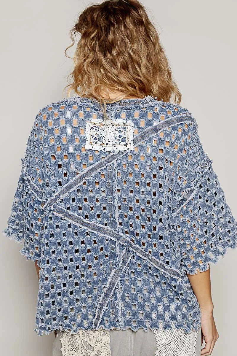 Crochet-Style Denim Top with Perforated Design