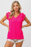 Ruffled Shoulder Sleeveless V-Neck Ribbed Blouse