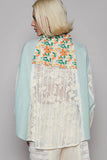 Floral-Striped Oversized Blouse with Lace Sleeves