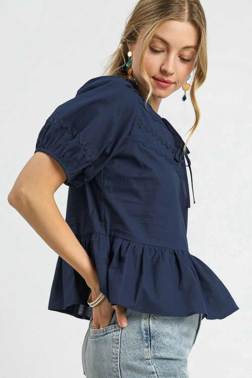 Peplum Tie-Front Puff Sleeve Top