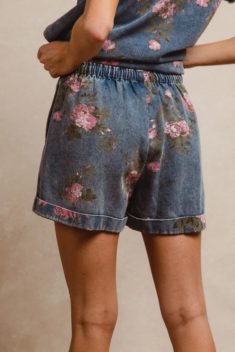 Vintage-Inspired Floral Denim Shorts With Drawstring