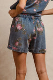 Vintage-Inspired Floral Denim Shorts With Drawstring
