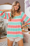 Stripe Printed Bubble Woven Balloon Sleeves Top