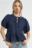 Peplum Tie-Front Puff Sleeve Top