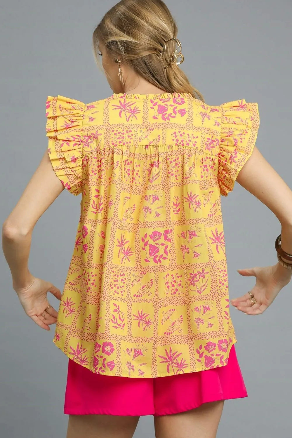 Floral Ruffle V-Neck Cap Sleeve Top