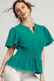 V-Neck Peplum Blouse with Scalloped Sleeves